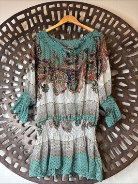 💚 Boho Paisley Peasant Tunic Top Large Teal Rust Lightweight Hot & Delicious 💚